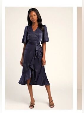 Lulu's Navy Wrap Midi Dress with V-Neck